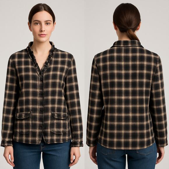 SUNDANCE Ruffle Collar Plaid Shirt Jacket Shacket - Size M - Picture 1 of 6